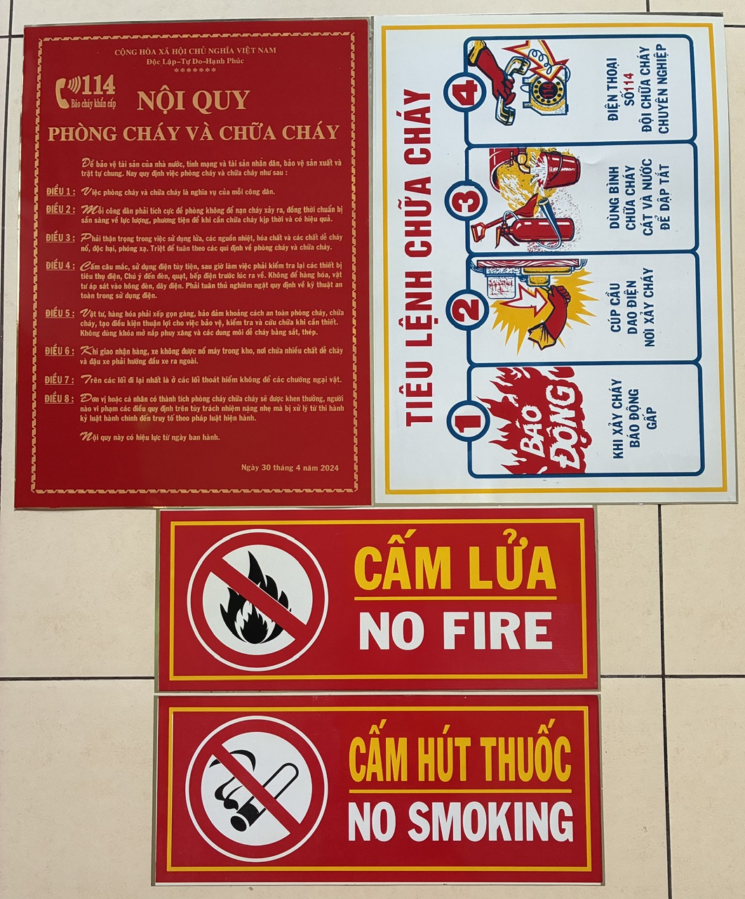 Bộ 4 bảng gồm: Nội quy - Tiêu lệnh Phòng cháy chữa cháy - Cấm Thuốc - Cấm lửa bằng chất liệu tôn cao cấp