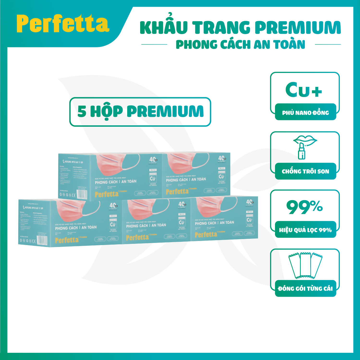 [5 Hộp Premium] - Khẩu Trang Cao Cấp Perfetta Premium, Phủ Nano Đồng, Đóng Gói Từng Cái (40 Cái/Hộp)