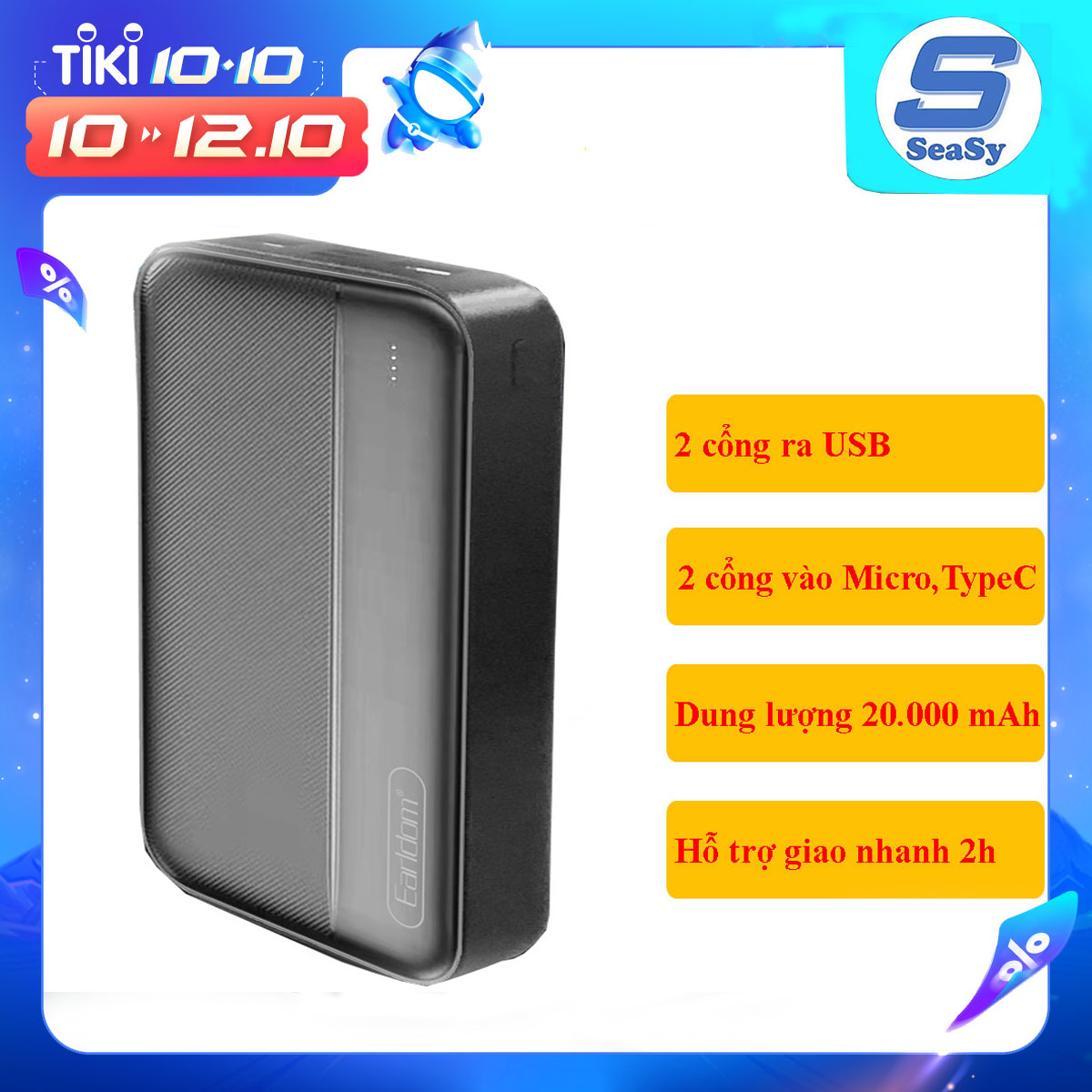 Pin Sạc dự phòng 20.000mAh Earldom PB45, 2 cổng ra USB, 2 cổng vào Micro và Type-C, sạc đầy từ 5-6 lần, dùng cho iPhone/ Xiaomi/Samsung/Oppo – hàng chính hãng