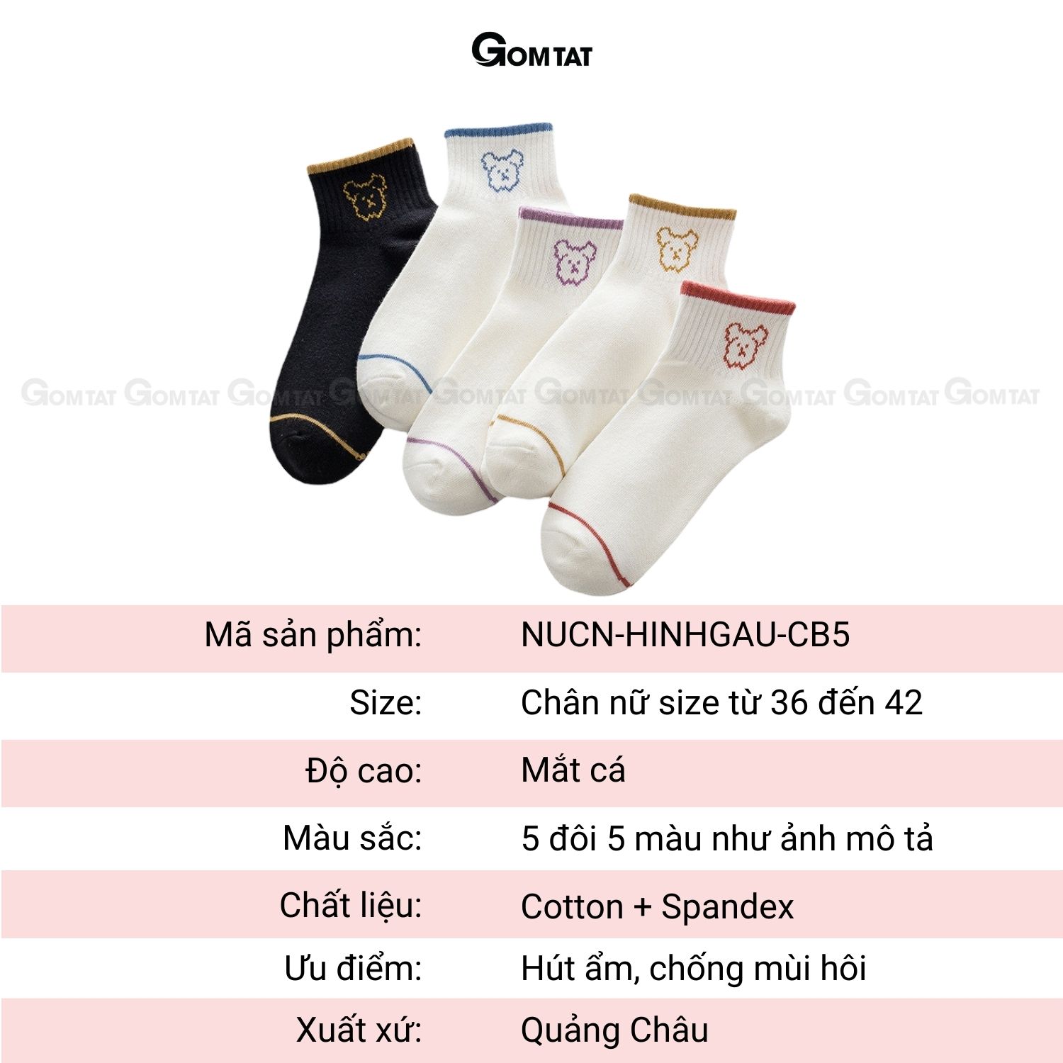 Set 5 đôi tất vớ nữ cổ ngắn GOMTAT hình gấu trắng đen, chất liệu cotton cao cấp, mềm mịn thoáng khí - NUCN-HINHGAU-CB5