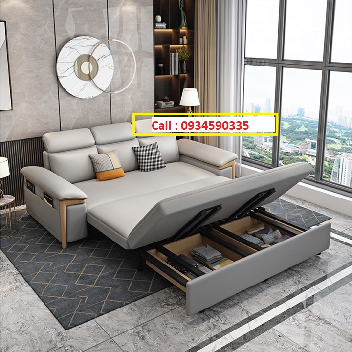 Giường Sofa Vải Sợi Nano Cao Cấp - Ghế Sofa Giường Đa Năng Có Ngăn Chứa Đồ, Khung Thép Chống Gỉ : KT 1M60 X 1M95