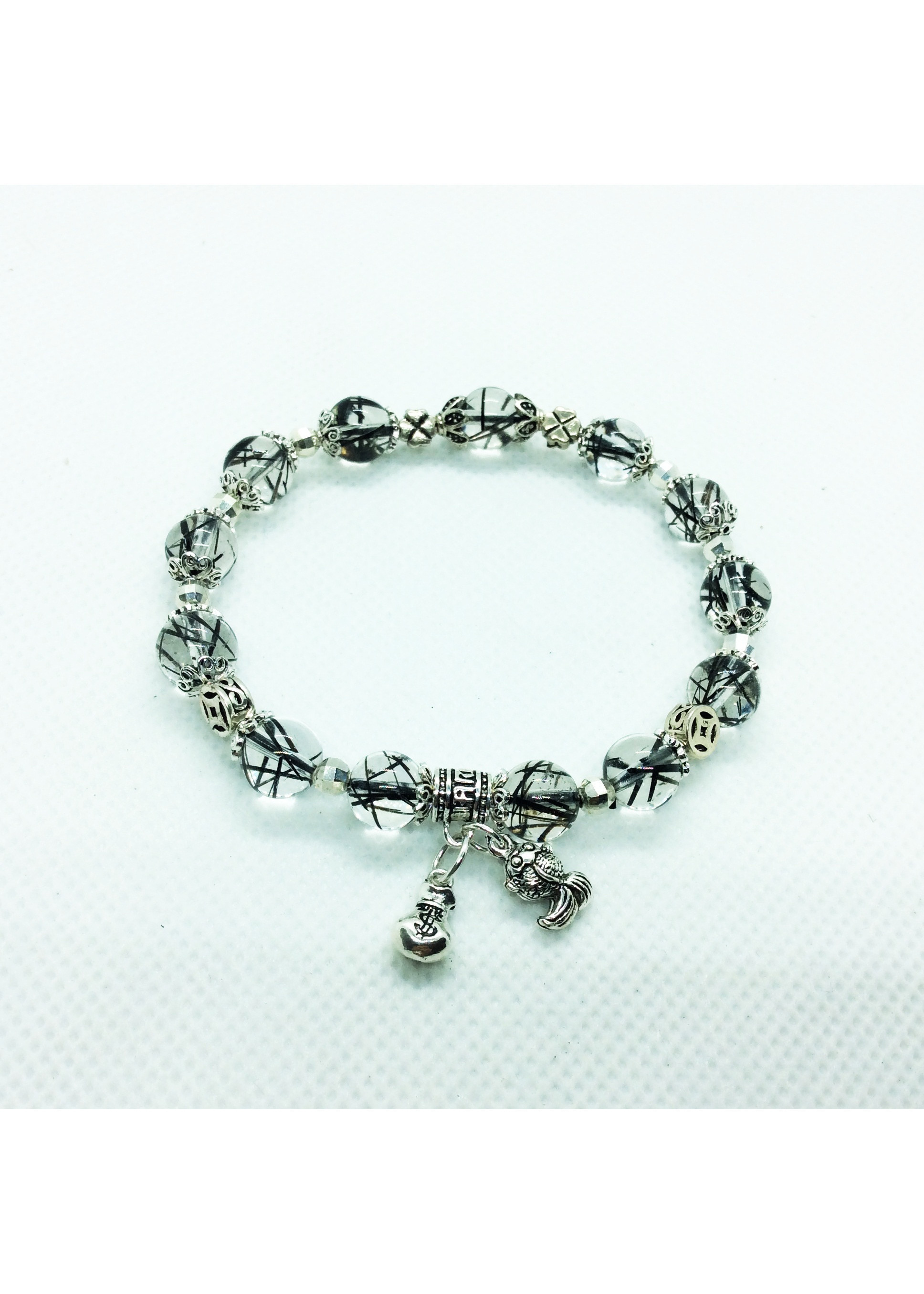 Vòng tay đá Thạch anh tóc đen Mix Charm bạc