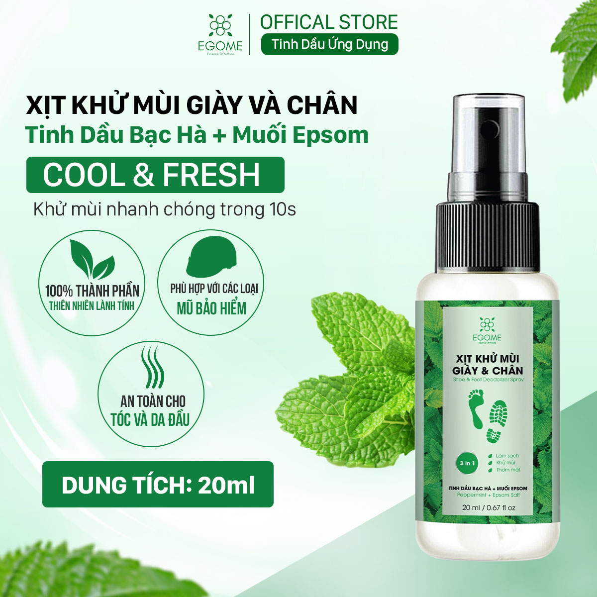 Xịt Khử Mùi Giày Và Chân Egome Tinh Dầu Bạc Hà làm sạch và thơm mát 20ml