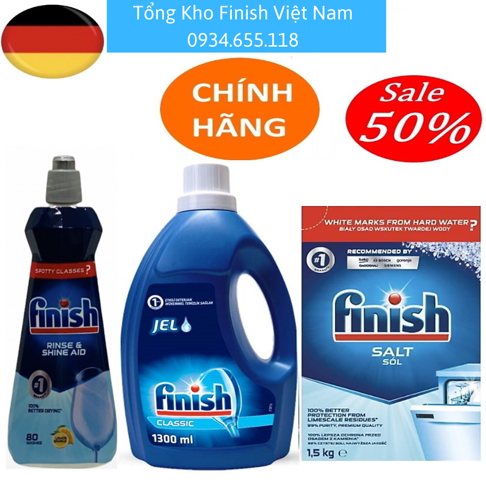 Combo Gel rửa bát Finish Classic 1.5l + Muối Finish 1.5kg + Nước làm bóng Finish 400ml hương chanh
