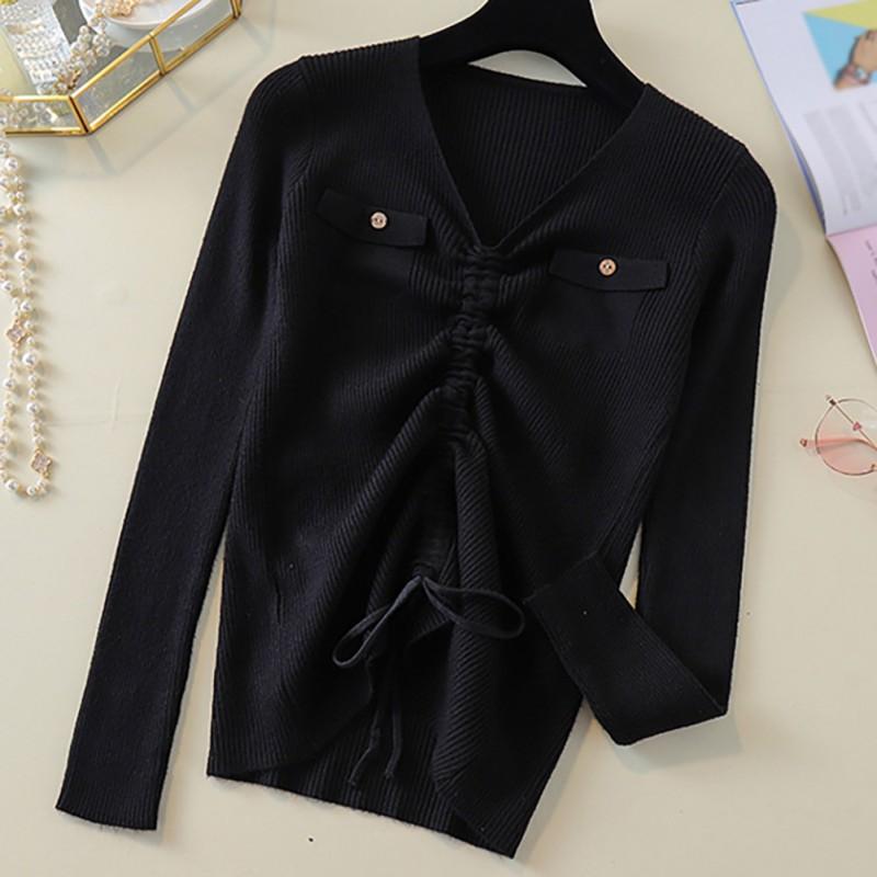 Áo sweater nữ tay dài cổ chữ V màu trơn thời trang