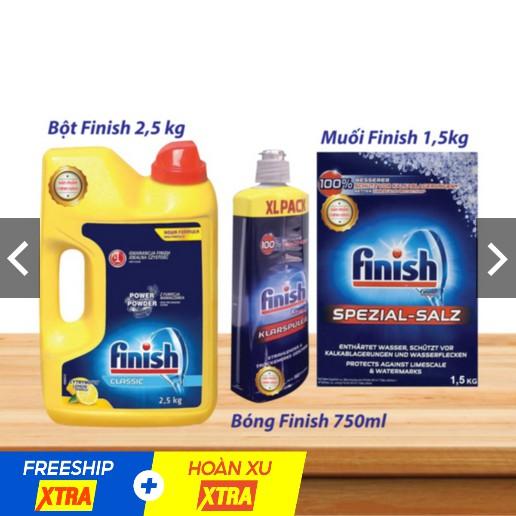 Combo rửa bát Finish: Bột 2.5kg + Muối 1.5kg + Nước làm bóng 750ml - Nhập khẩu EU