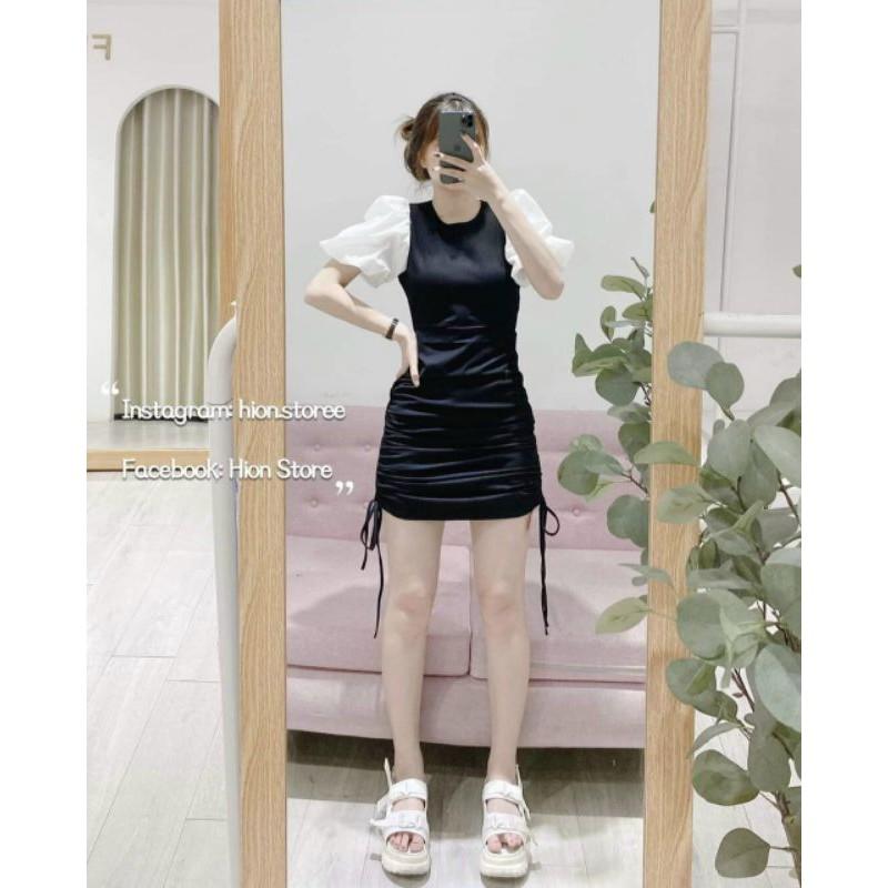 Đầm tay phồng rút dây phối voan cao cấp