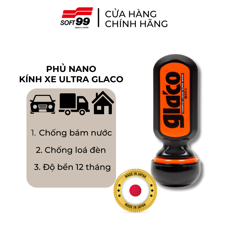 Phủ nano, chống bám nước kính ô tô, độ bền 12 tháng Ultra Glaco G-19 70ml Soft99