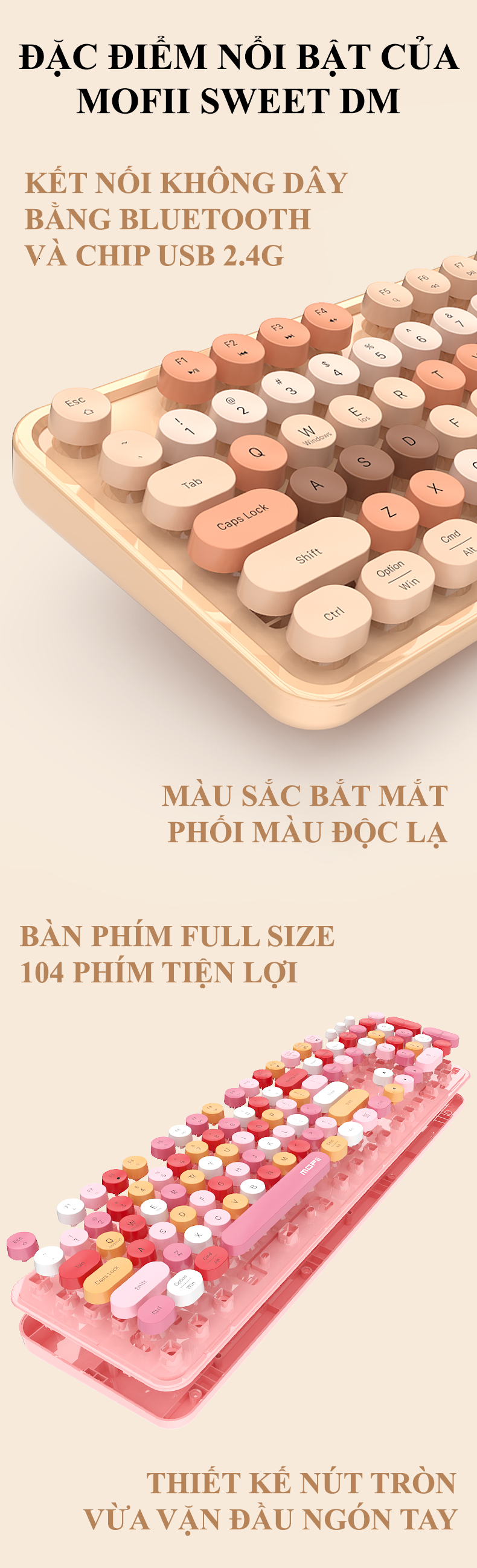 Bàn phím và chuột MOFII SWEET DM kết nối bằng chip USB 2.4G và BLUETOOTH với thiết kế nút tròn và màu sắc vô cùng dễ thương - Hàng Chính Hãng