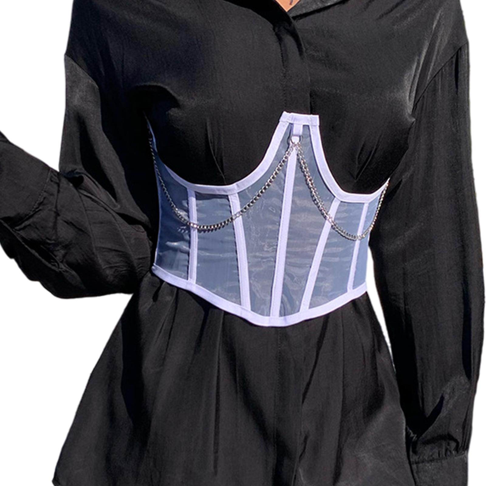 Women Corset Belt Mesh Lace Up Bustier Corset Metal Chain Boned Overbust Waist Cincher Wide Belt for Dress Shirt Blouse