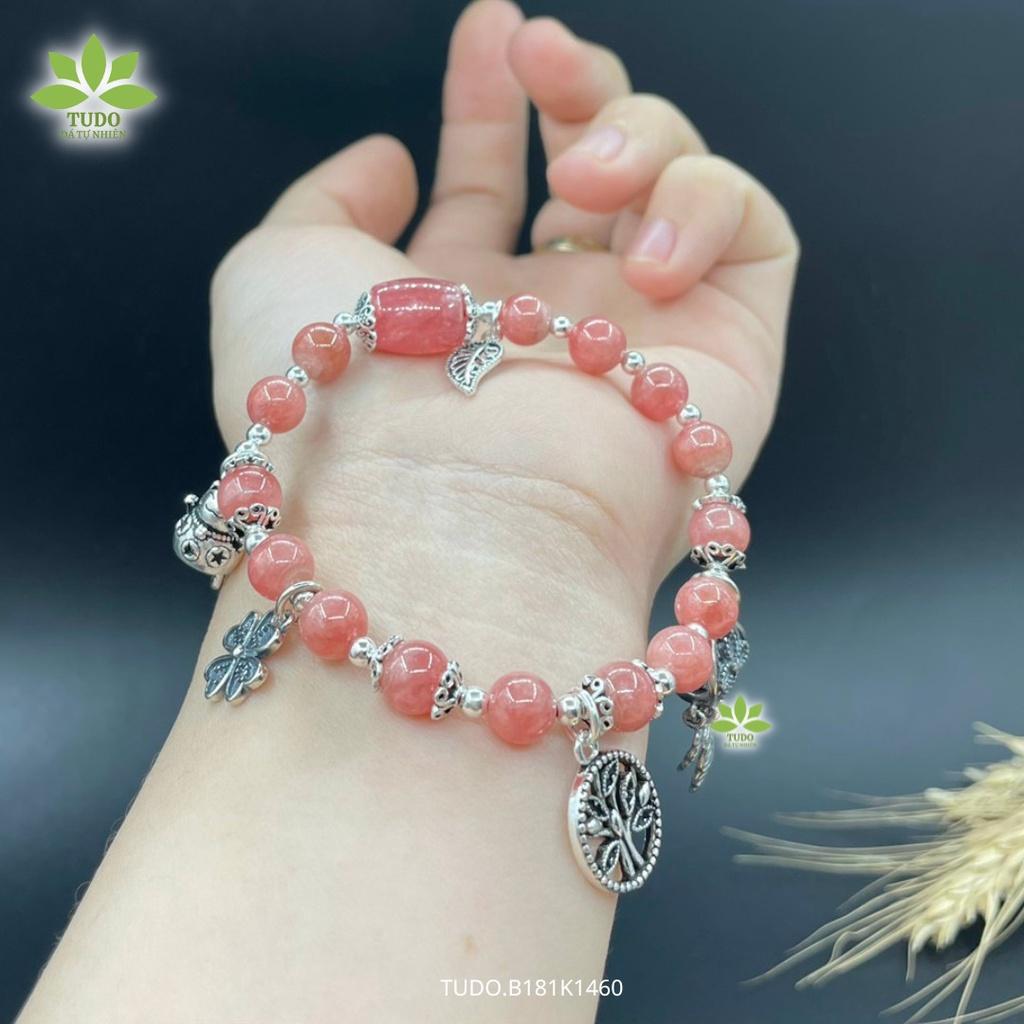 Vòng Tay Nữ Đẹp - Vòng Phong Thủy Đa Mệnh TUDO B181K1460 VCBDAOH hồng, Charm Bạc Cây Mộc, Dreamcatcher, Mèo Thần Tài