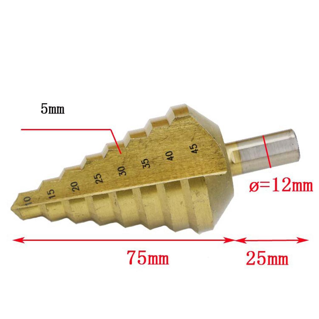 12mm Shank Titanium HSS Large Step Cone Drill Bit Hole Cutter Tool 10-45mm