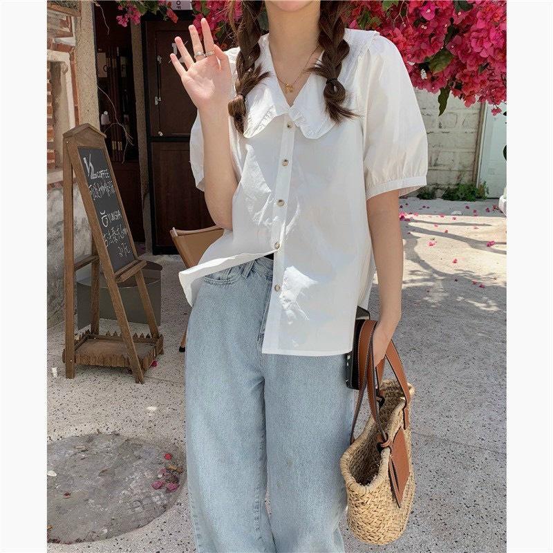 Áo sơ mi trắng cộc tay cổ bèo vintage