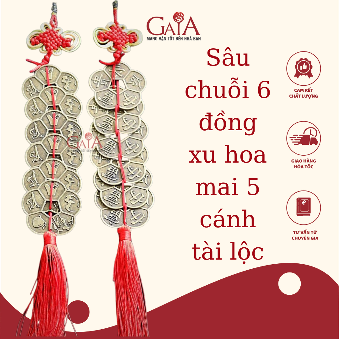 Xâu chuỗi 6 đồng xu hoa mai 5 cánh tài lộc