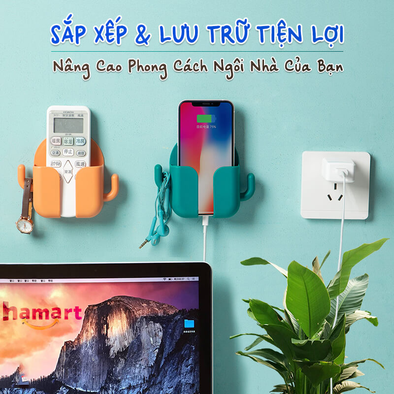 Kệ Dán Tường Để Điện Thoại Remote Hamart Đa Năng 1 Ngăn Lớn Trắng 2 Móc Treo Tiện Lợi