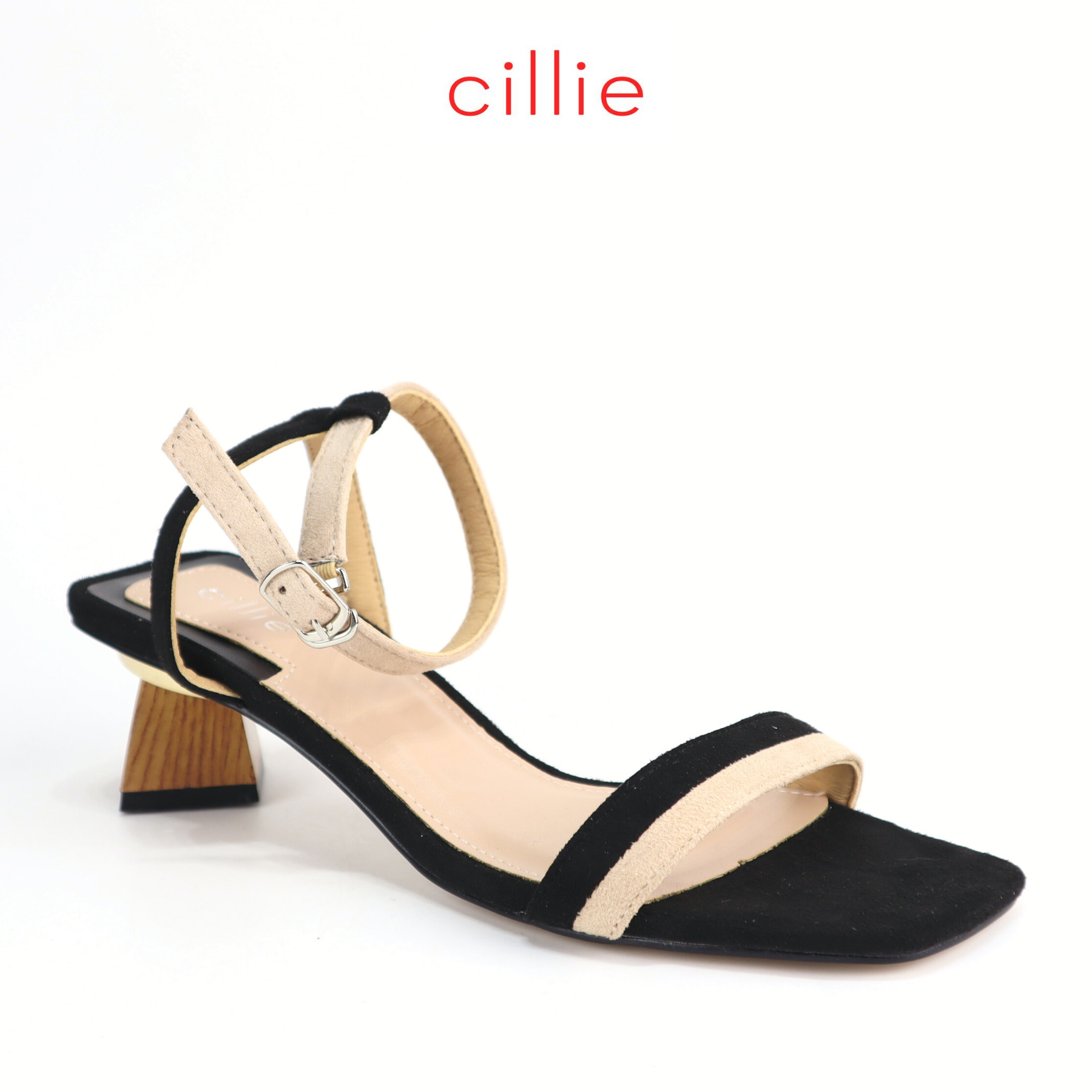 Giày sandal quai ngang da lộn phối màu cao 5cm Cillie 1198