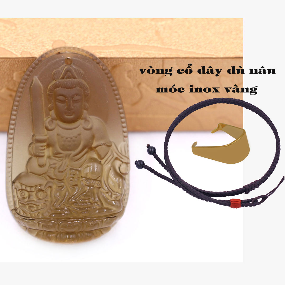 Mặt Phật Văn thù đá obsidian 5 cm kèm vòng cổ dây dù nâu - mặt dây chuyền size lớn - size L, Mặt Phật bản mệnh