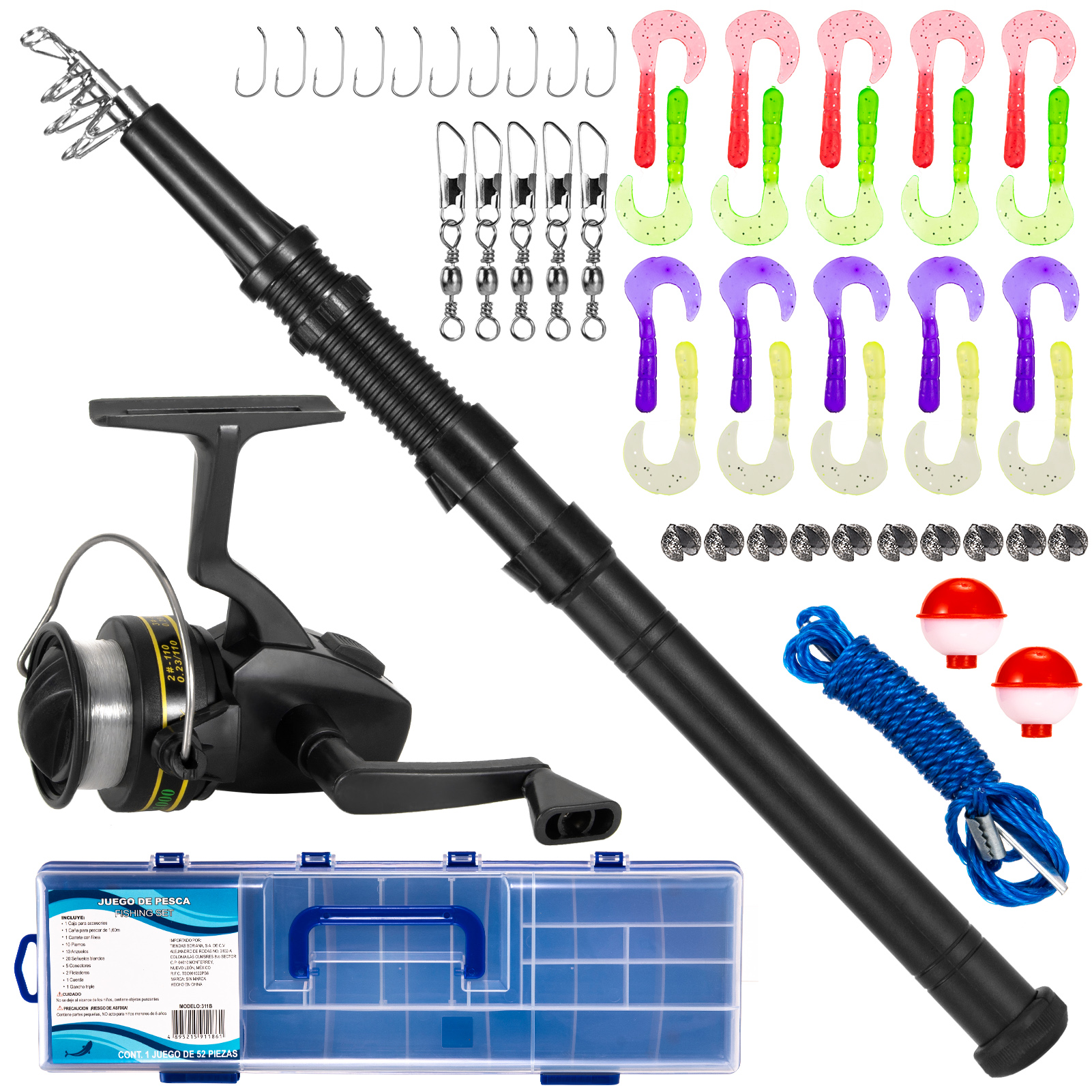 Combo cần câu ống lồng 1,6m và cuộn quay có tỷ số truyền 3.3: 1 với đầy đủ dụng cụ câu cá 51 chi tiết