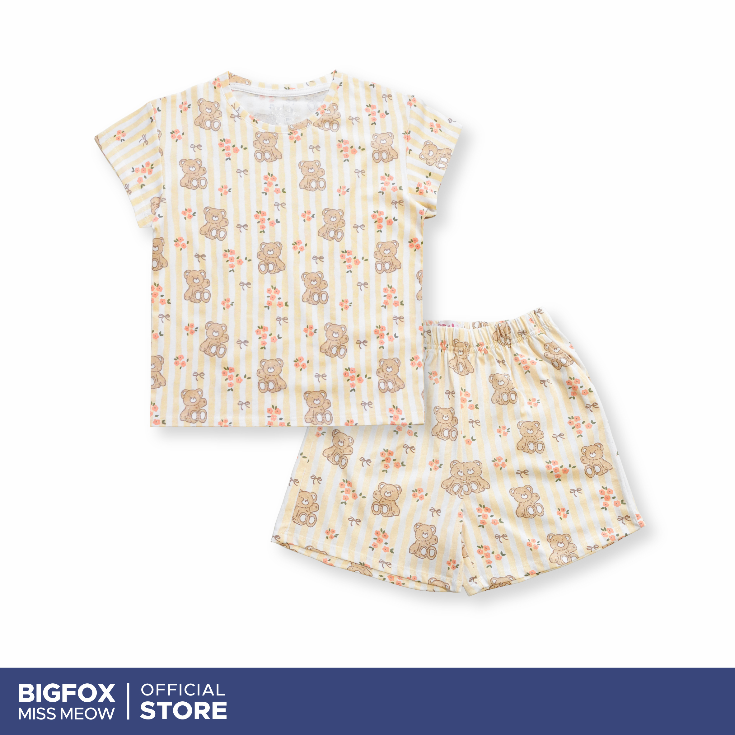 Bộ quần áo bé gái Bigfox Miss Meow mặc nhà mùa hè vải cotton in gấu hoa size đại trẻ em 3-11 tuổi