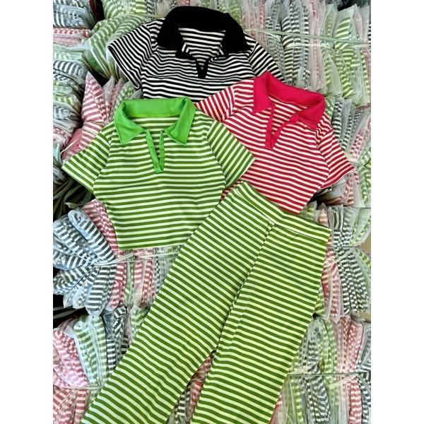 Set áo trụ sọc quần loe