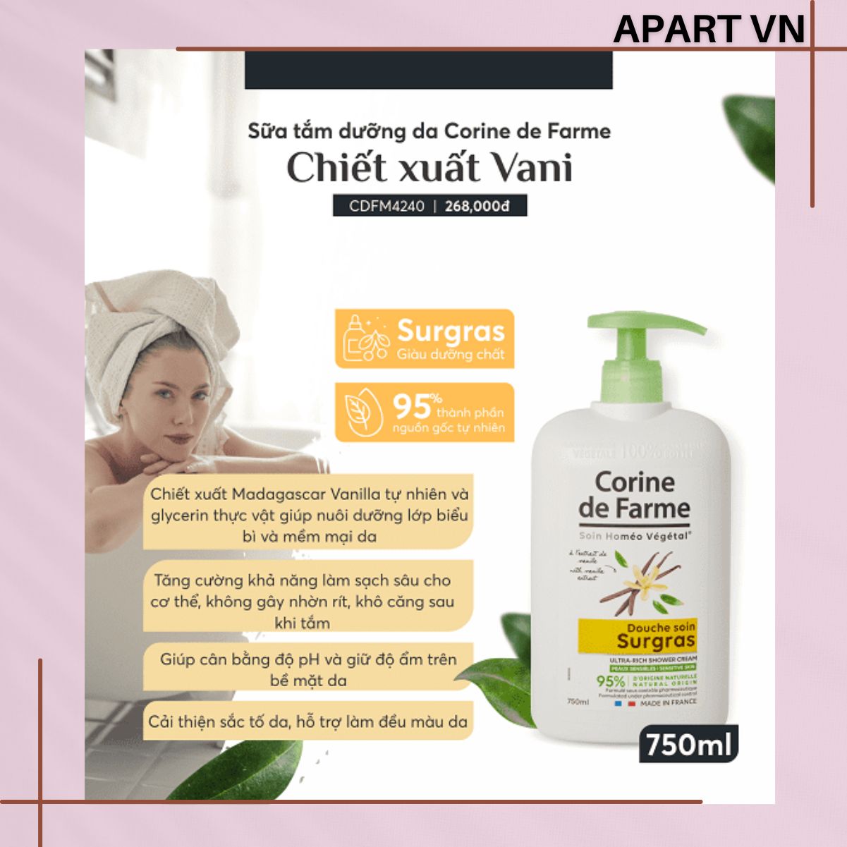 Sữa tắm dưỡng da Corine de Farme hương vani 750ML