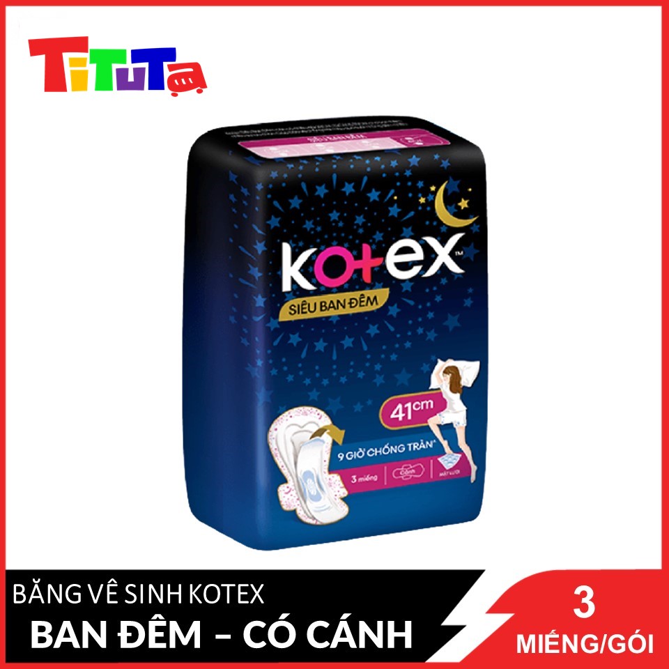 Băng Vệ Sinh Có Cánh 41cm Kotex Siêu Ban Đêm 9 Giờ Chống Tràn 3 miếng