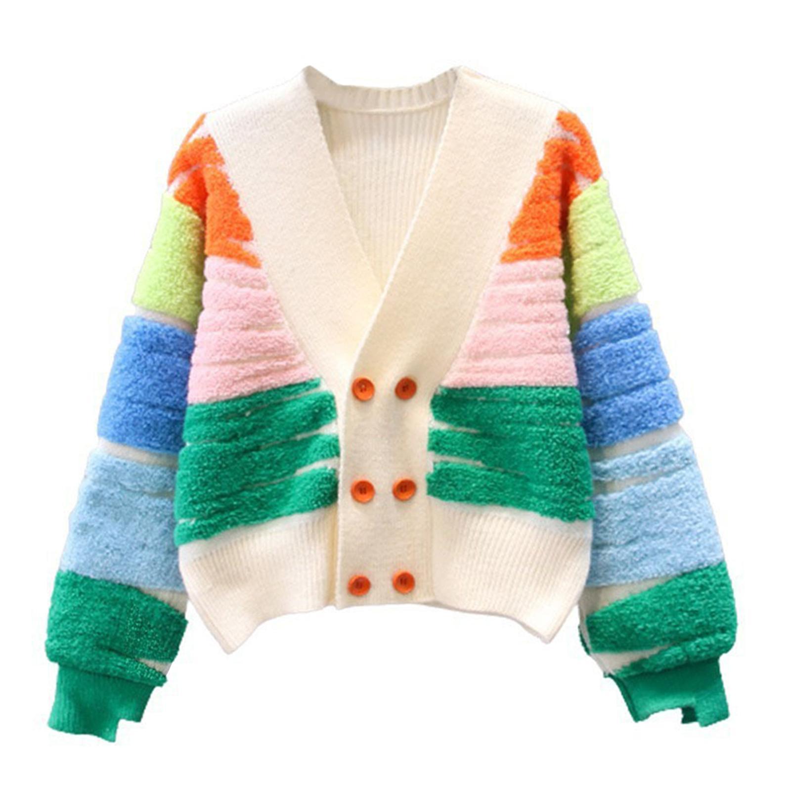 Rainbow Striped Cardigan Sweater Double Breasted Sweater Jacket Coat Button Autumn Clothing Daily Wear Long Sleeve Knit Sweater