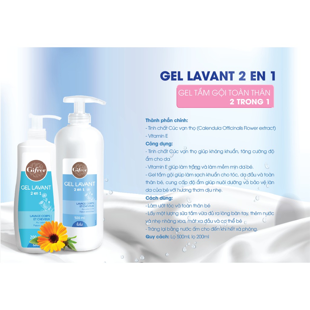 Bộ đôi Sữa tắm gội cho bé Gel LavanI GIFRER 500ml 2 trong 1 + Kem thay tã Gifrer 100ml nhập khẩu Pháp