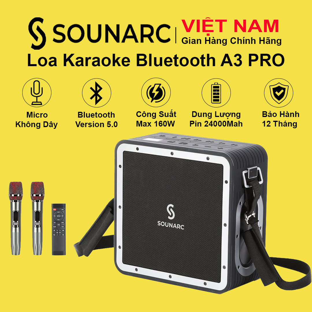 Loa Karaoke Bluetooth 5.0 SOUNARC A3 PRO Kèm 2 Micro Không Dây Và Điều Khiển Từ Xa, Công suất 160W, Pin Tích Hợp 24000mAh, Chống Nước IPX6 - Hàng chính hãng