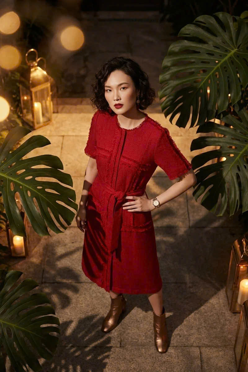 Đầm Suông Tua Rua Tweed Đỏ, Đầm Suông Thắt Eo Thanh Minh thời trang thiết kế Hity Dre201