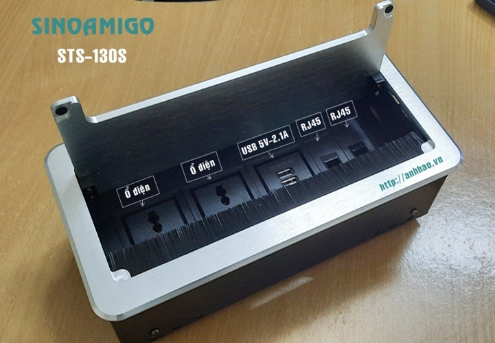 Ổ điện âm bàn văn phòng Sinoamigo STS-130S màu bạc, mặt nắp nhôm xước bền đẹp, lắp điện, mạng, USB, HDMI..