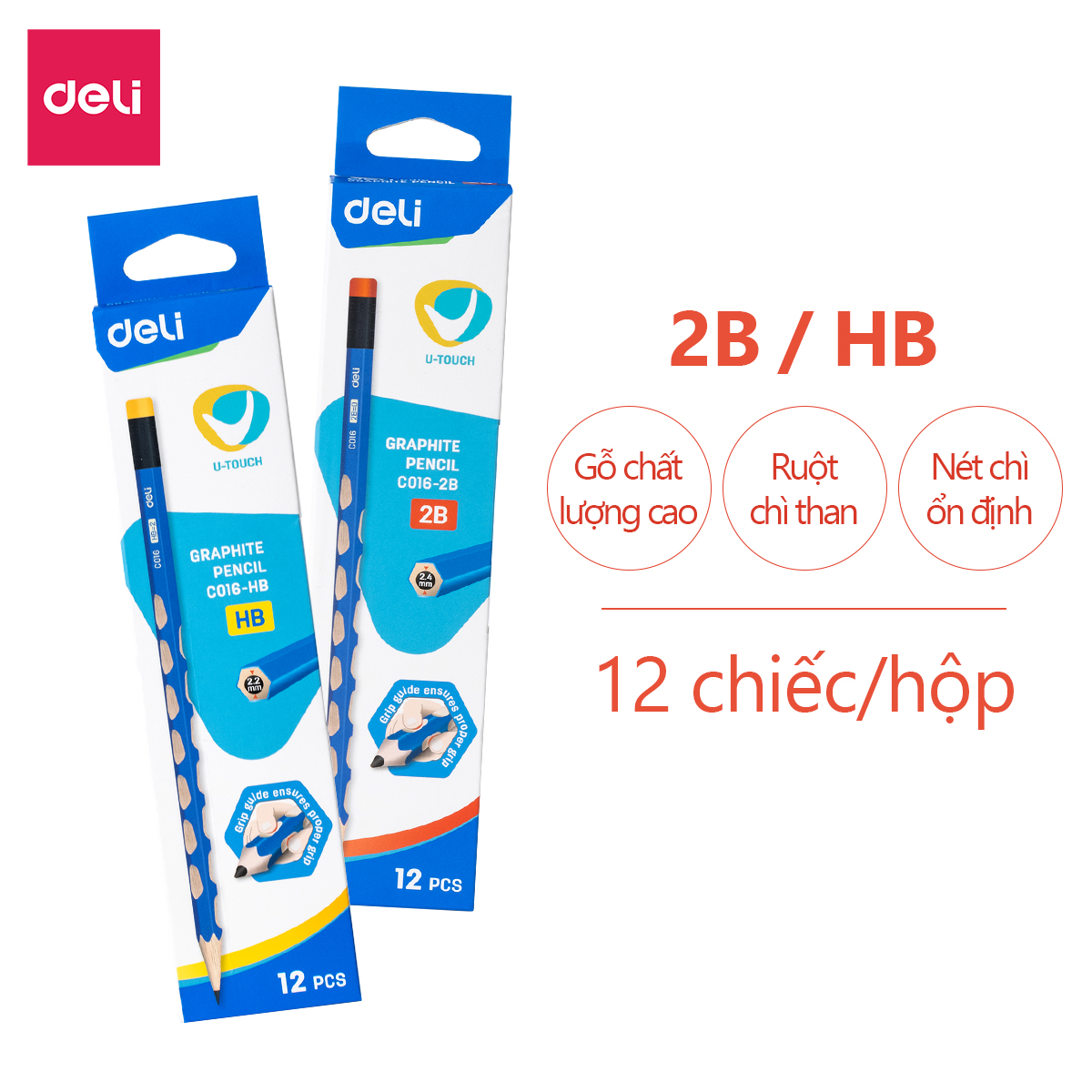 Bút chì lục giác có tẩy Deli - Bút chì gỗ - Phù hợp cho học sinh viên văn phòng ghi chú tập viết vẽ phác thảo - Loại 2B/HB - 12 chiếc/hộp - EC016