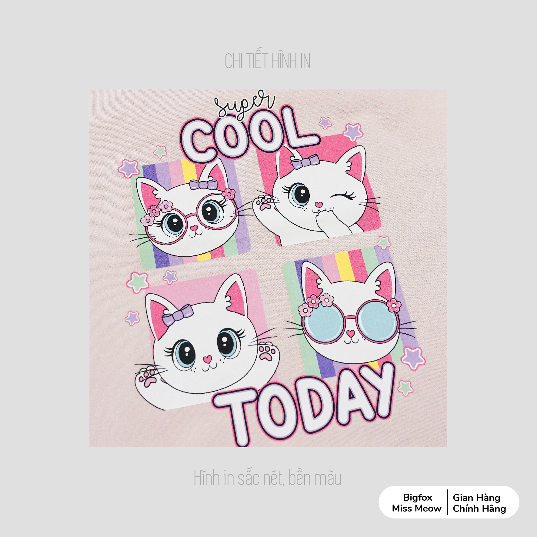 Bộ cộc tay bé gái Bigfox Miss Meow vải cotton mùa hè size đại cỡ 3,6,9,11 tuổi 30kg 40kg