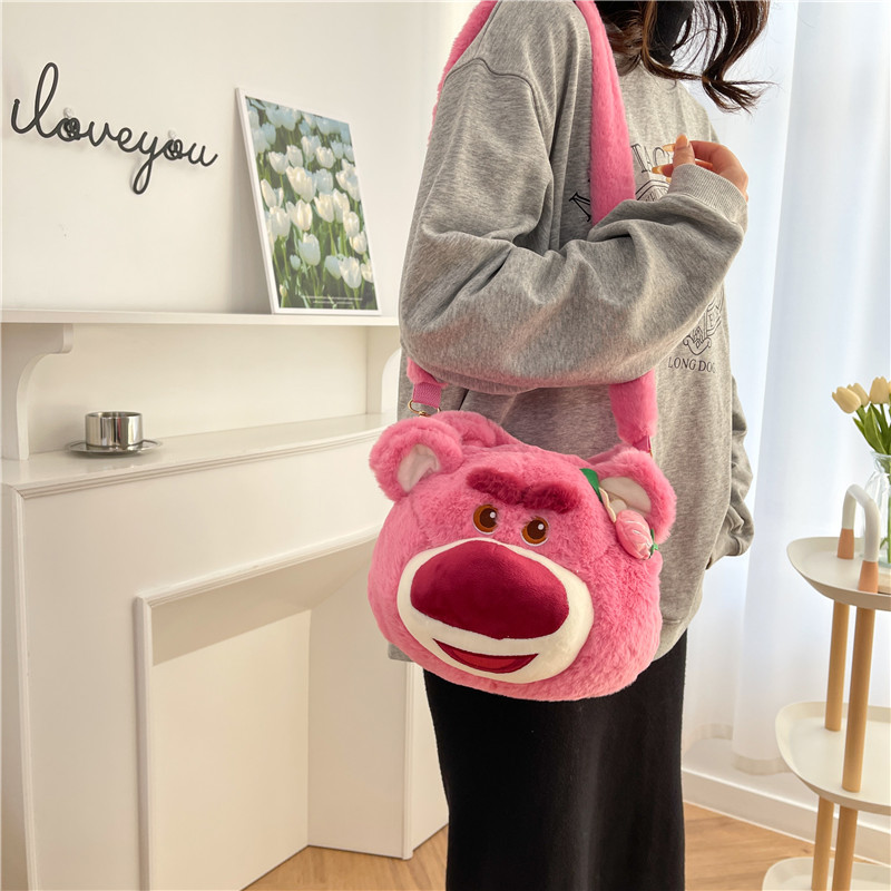 Túi Gấu Dâu Lotso Size Lớn Dây Nhung, Túi Gấu Bông Gòn Đeo Chéo