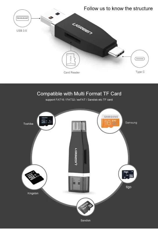 Ugreen UG3035930359TK Màu Đen Đầu đọc thẻ USB TYPE C + USB 3.0 sang TF cao cấp - HÀNG CHÍNH HÃNG