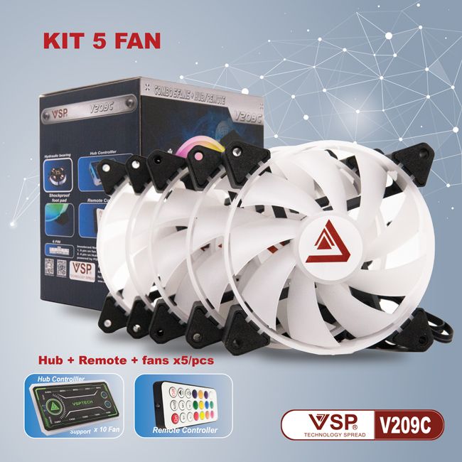 Bộ KIT 5 Fan VSP V209C LED RGB (FAN LÀM MÁT VÀ ĐẸP CHO VỎ MÁY TÍNH) - Hàng Chính Hãng