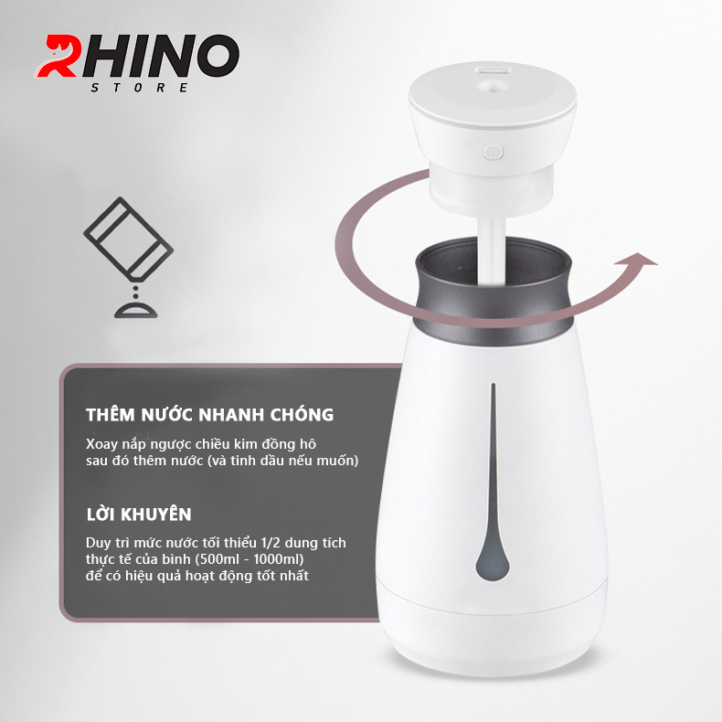 Máy phun sương xông tinh dầu tạo ẩm cao cấp Rhino H103 dung tích 1000ml, không gây tiếng ồn, tích hợp đèn ngủ RGB nhiều màu, có chế độ tự ngắt - Hàng chính hãng