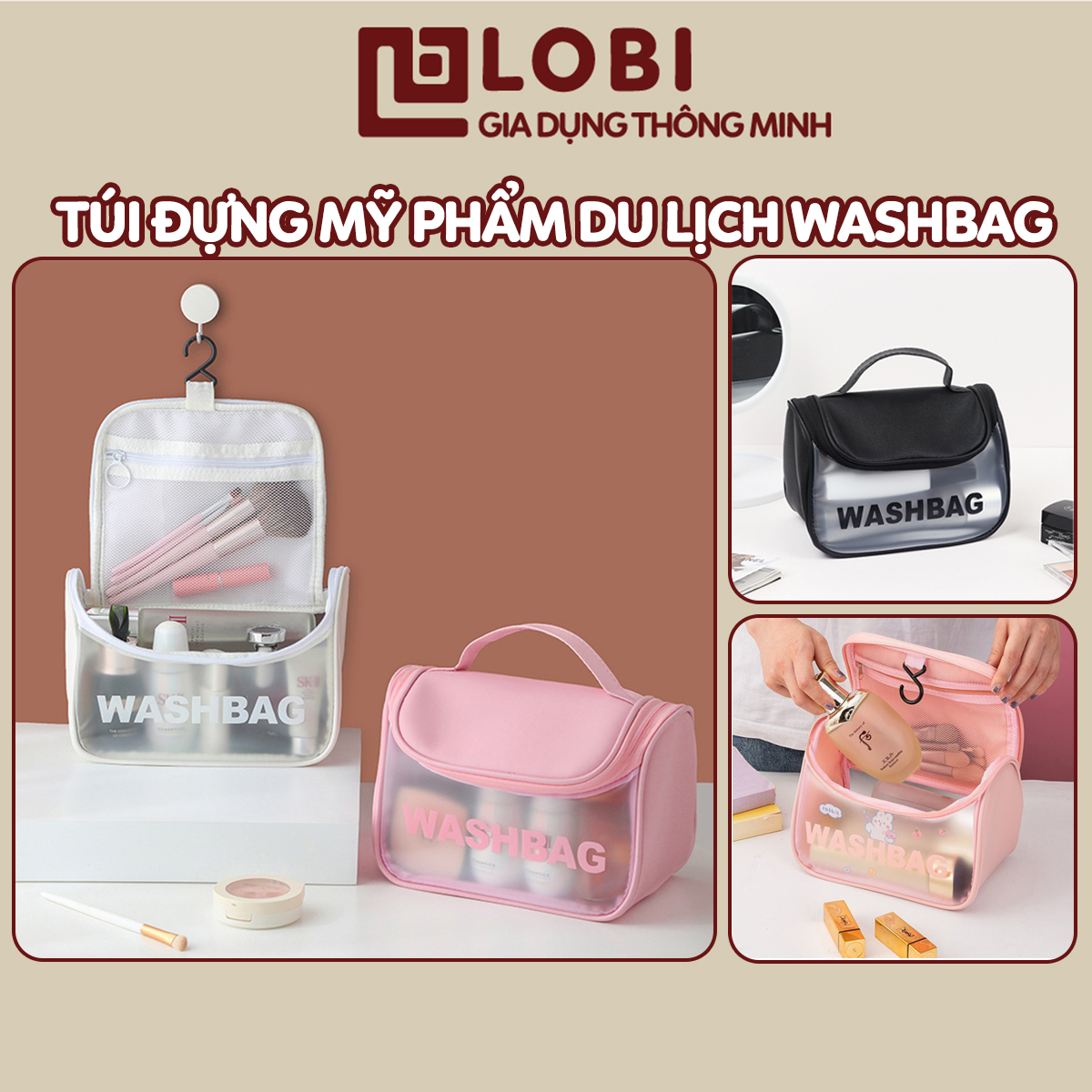 Túi đựng mỹ phẩm du lịch WashBag DẠNG HỘP có quai xách mini trong suốt, Túi đựng đồ trang điểm