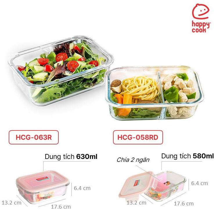 Bộ hộp thủy tinh chia ngăn 2pcs Happy Cook HCG-02RRD