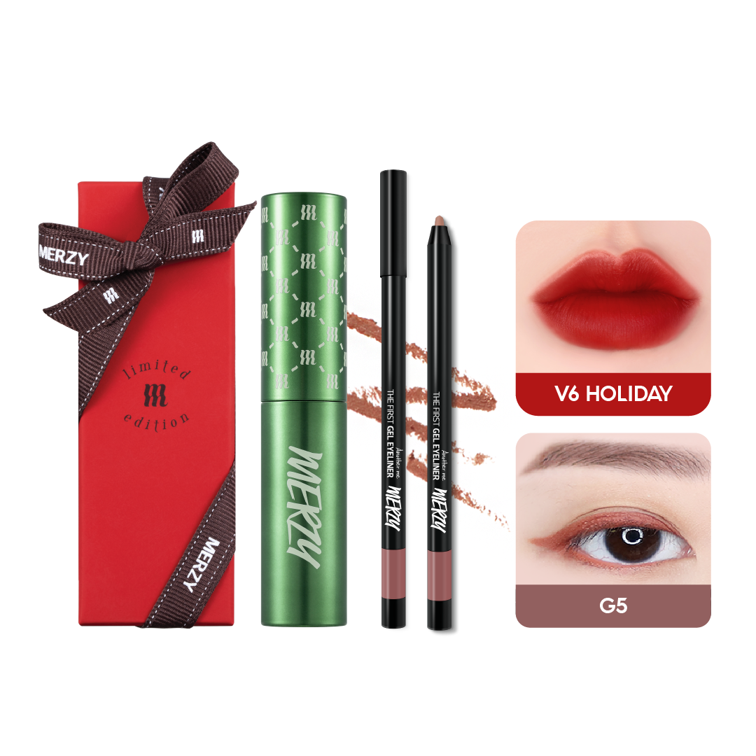 Combo Make Up lễ hội + Son kèm lì Merzy The First Velvet Tint V6 Green Holiday - Phiên bản tự thắt nơ 4.5g