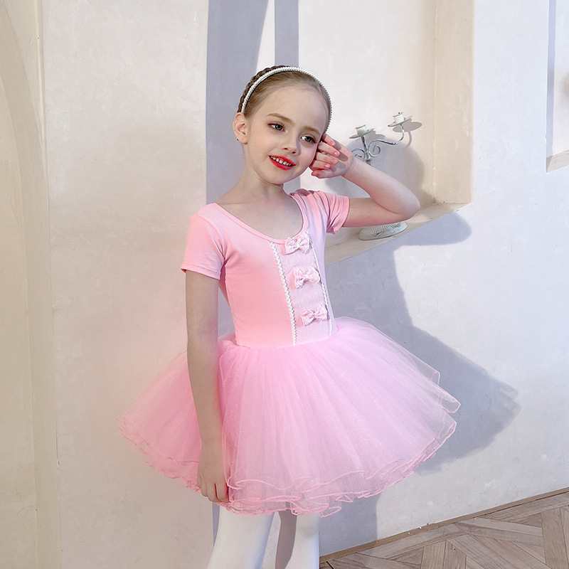 Đầm múa ballet cao cấp - Mẫu áo liền váy 3 nơ hồng, tay ngắn