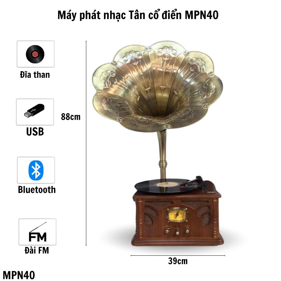 Máy PHÁT NHẠC TÂN CỔ ĐIỂN MPN40  chức năng nghe nhạc đĩa than, USB, Bluetooth, đài FM