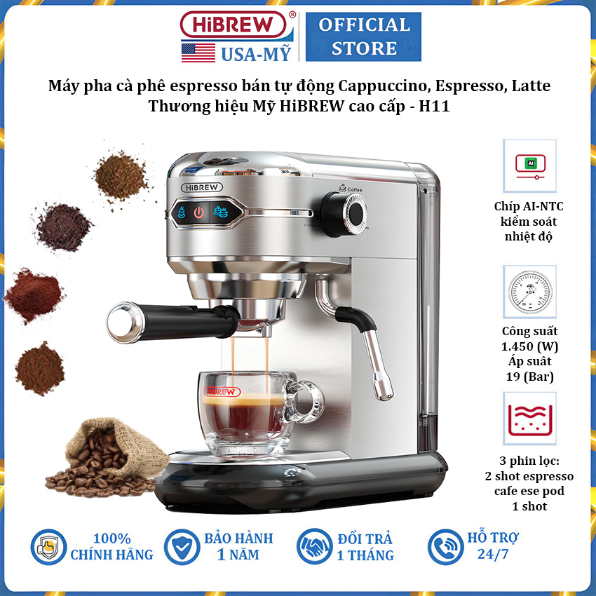 Máy pha cà phê espresso bán tự động thương hiệu HiBREW cao cấp H11 , áp suất 19bar , công suất 1450W - Hàng Chính Hãng