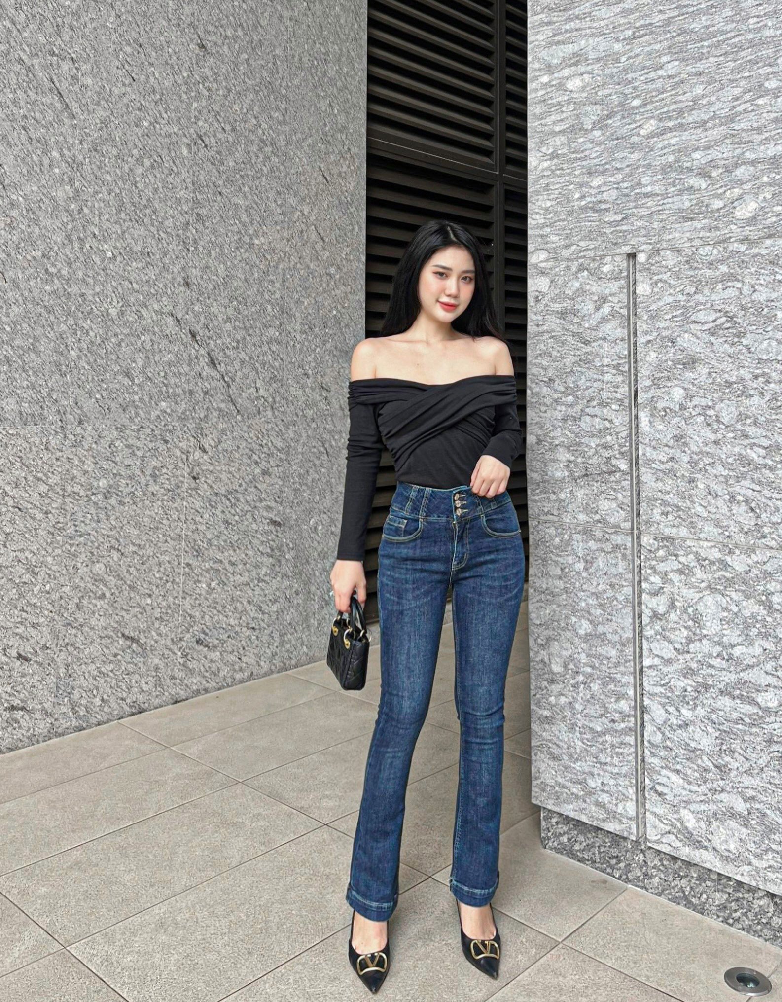Quần jeans ống loe nữ dáng dài lưng 3 cúc siêu cao co giãn thoải mái thiết kế HQJeans HQ80