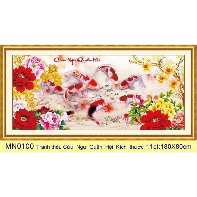 Tranh thêu chữ thập cửu ngư quần hội ( thêu kín ) mn0099 ( 130x69) mn0100 (180x80) - tranh chưa thêu