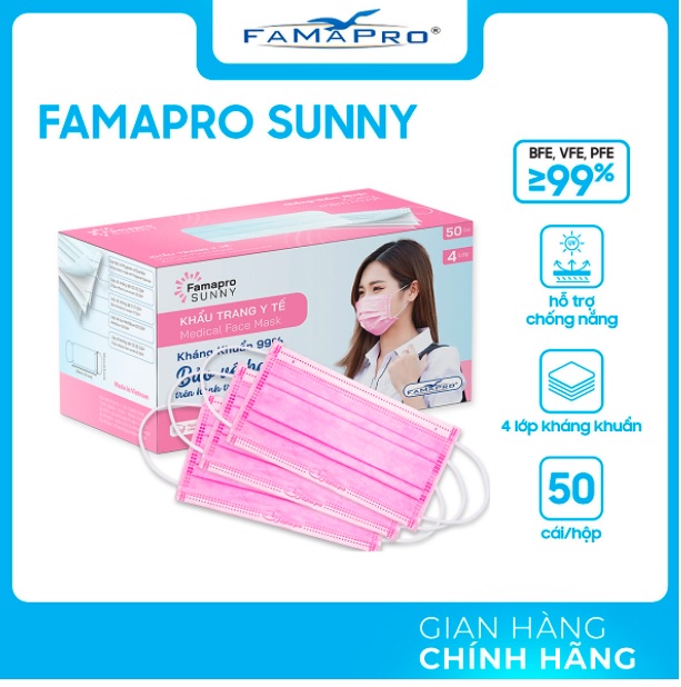 Khẩu trang y tế kháng khuẩn 4 lớp Famapro SUNNY Màu Hồng (50 cái/ hộp)