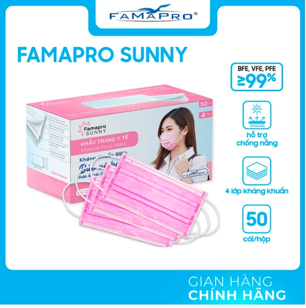 Khẩu trang y tế kháng khuẩn 4 lớp Famapro SUNNY Màu Hồng
