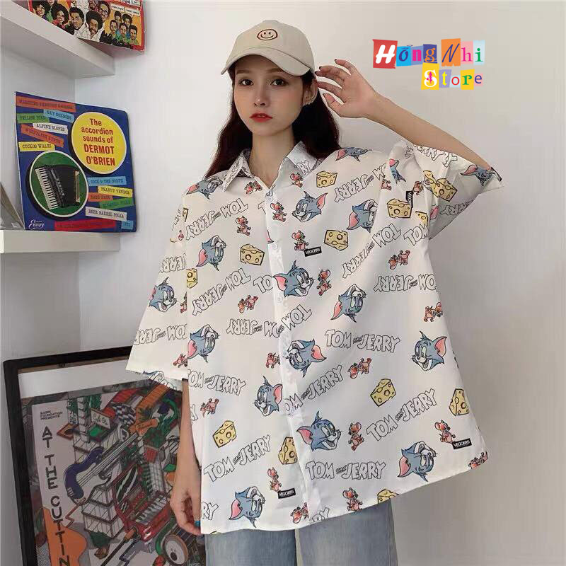 Áo Sơ Mi Hoạ Tiết Tay Lỡ Dáng Rộng, Sơ Mi Tay Lửng Unisex - MM
