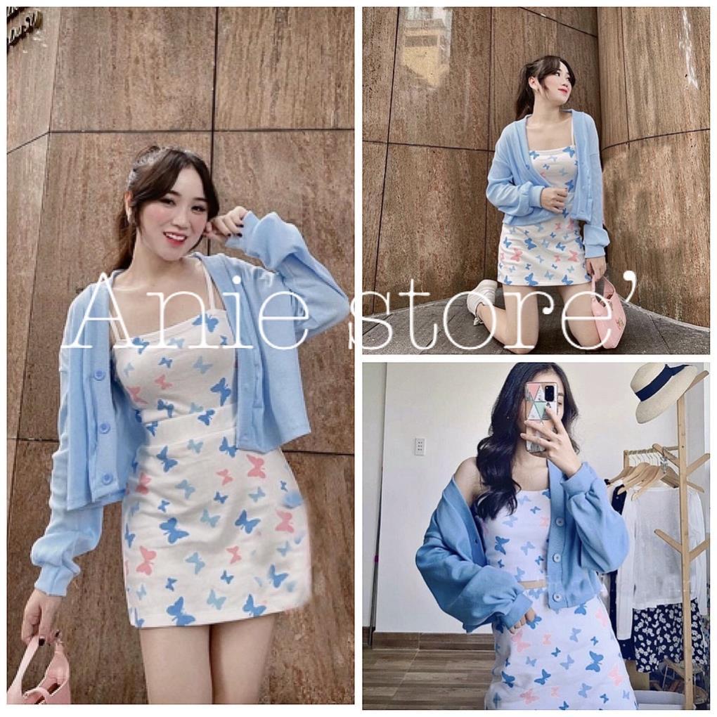 Bộ Áo Cardigan Croptop 2 Dây Bướm, Set Áo Khoác Dài Tay Kèm Váy Áo