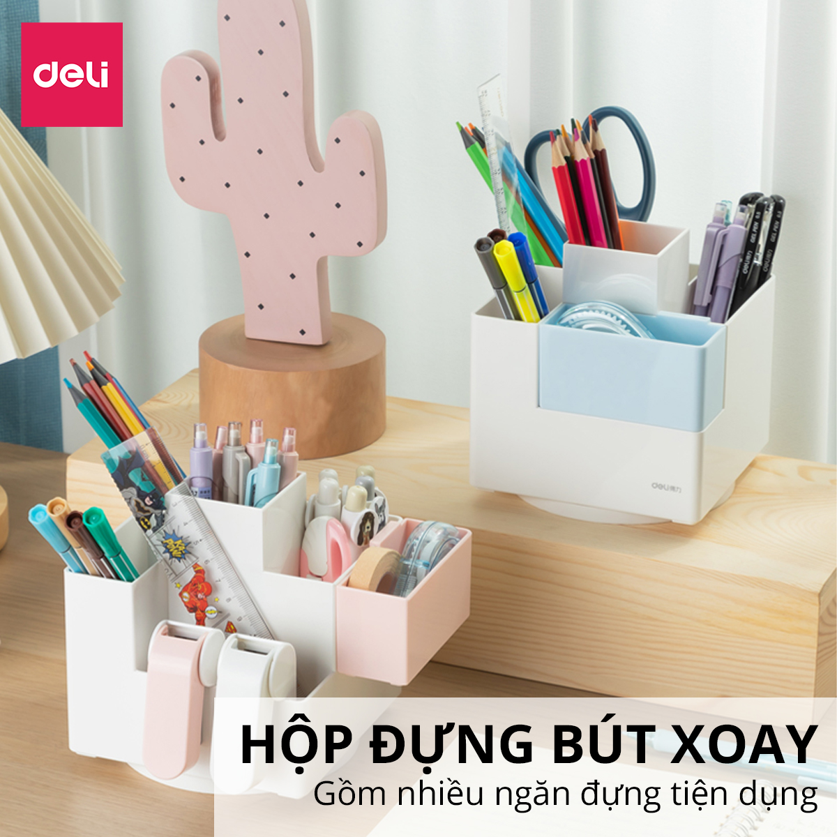 Hộp đựng bút Deli, ống đựng bút xoay 360 độ 4 tầng 6 ngăn màu pastel decor trang trí bàn học dùng cắm bút viết, đồ văn phòng phẩm, hộp đựng cọ trang điểm